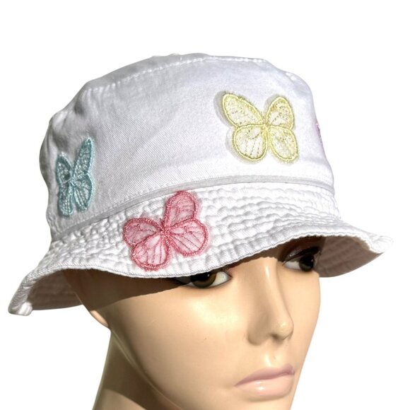 Handmade Kids Upcycled One Of A Kind White Bucket Hat With Colorful Butterflies - Picture 3 of 12